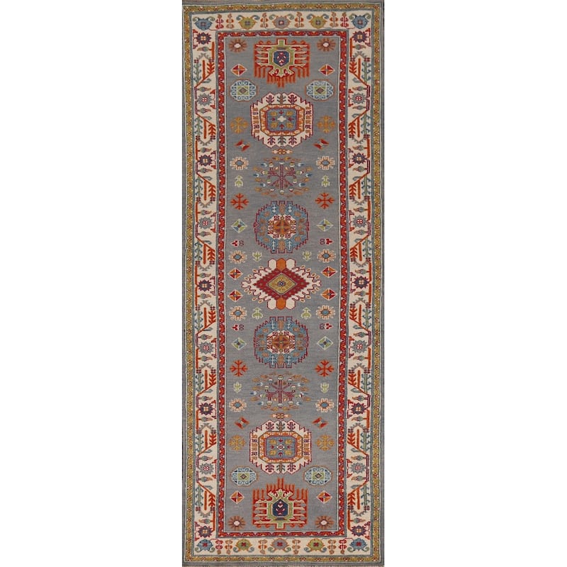 Gray Geometric Kazak Runner Rug Handmade Hallway Wool Carpet - 2'7" x 9'9"