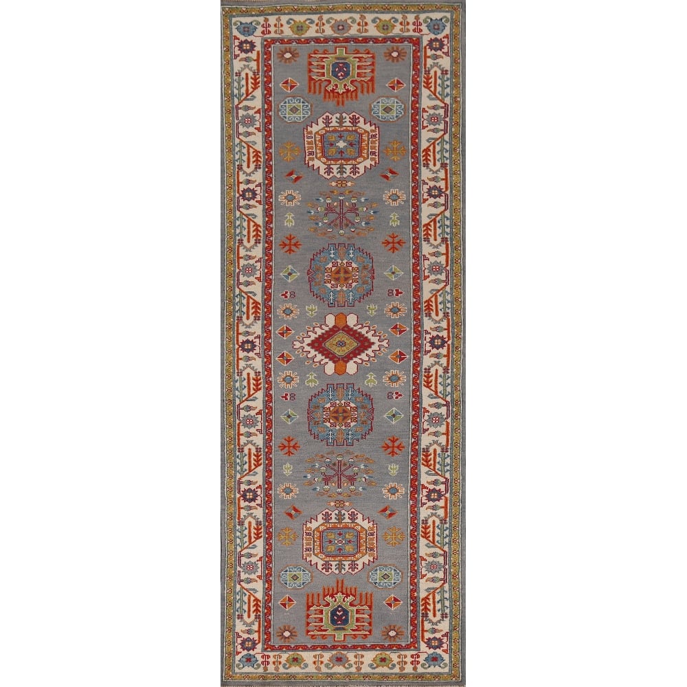 Gray Geometric Kazak Runner Rug Handmade Hallway Wool Carpet - 2'7" x 9'9"
