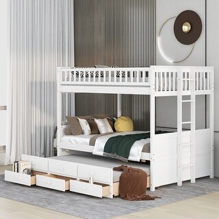 Modern Style Full Over Full Size Wooden Bunk Bed with Twin Trundle Lower Bunk and 3 Drawers, Easy Assembly