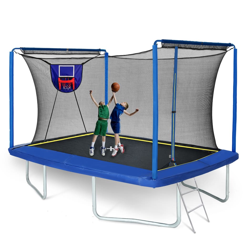 8ft x 12ft Rectangular Trampoline with Basketball Board, Ball Inflater & Ladder - Blue, ASTM & CPC Certified