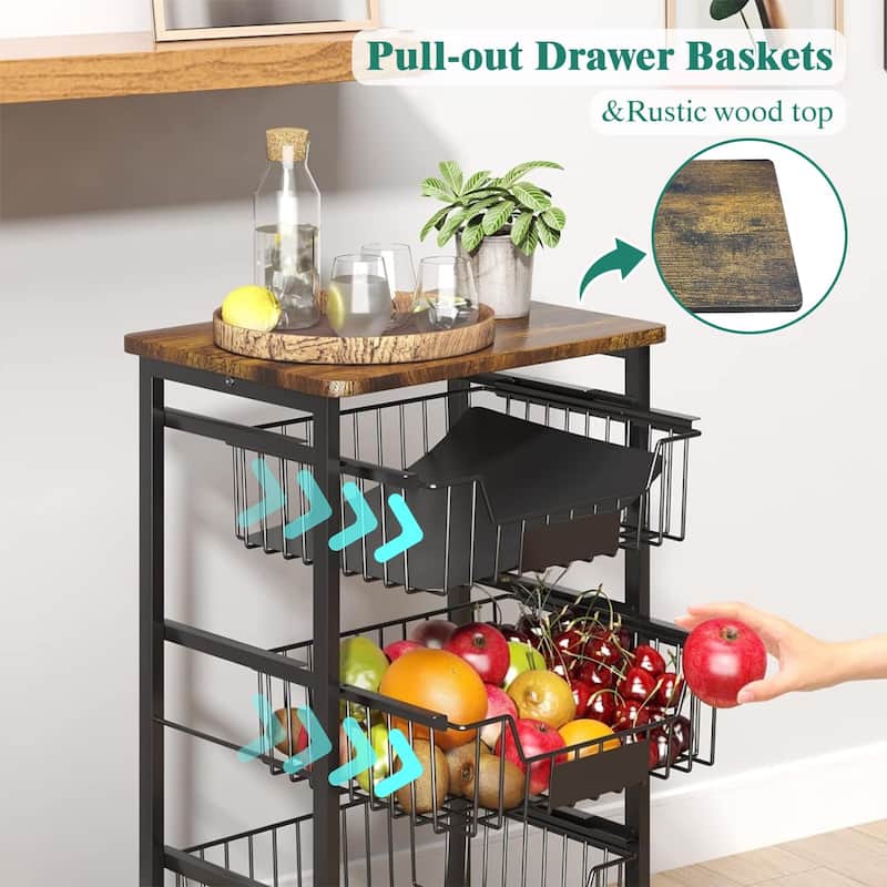 4-Tier Vegetable Fruit Basket Kitchen Storage Rolling Cart on Wheels with Pull-Out Baskets and Wood Top