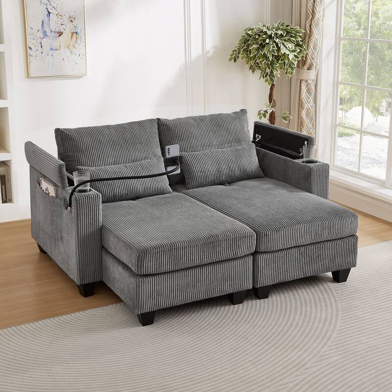 63" Convertible Corduroy Sofa Bed with USB Ports, Cup Holders, Storage, Grey - Multi-Color