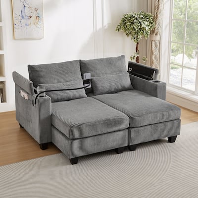 63" Convertible Corduroy Sofa Bed with USB Ports, Cup Holders, Storage, Grey