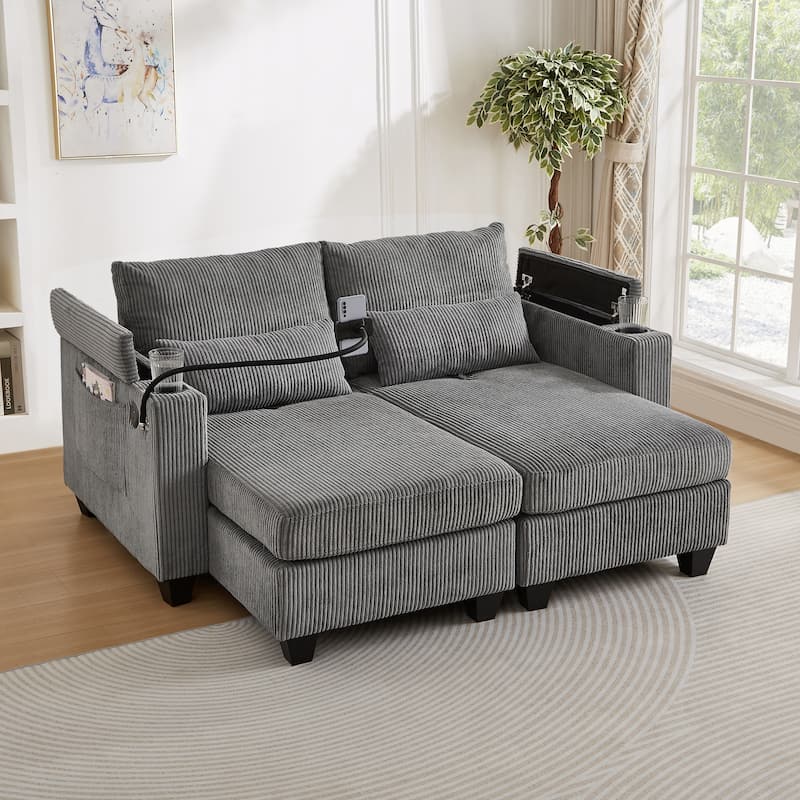 Convertible Chaise Lounge 63" Loveseat Sofa Sofa Bed Corduroy Sleeper Sofa with USB Ports, Two Cup Holders - Grey