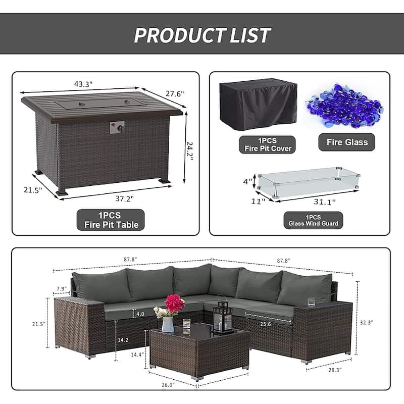 Outdoor Patio Furniture Set, All Weather PE Wicker Sectional Conversion Sofa set with Firepit(Optional)