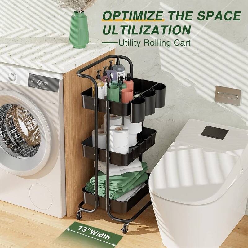 3Tier Rolling Mobile Utility Cart with Hanging Cups - 13"D x 16.5"W x 33"H