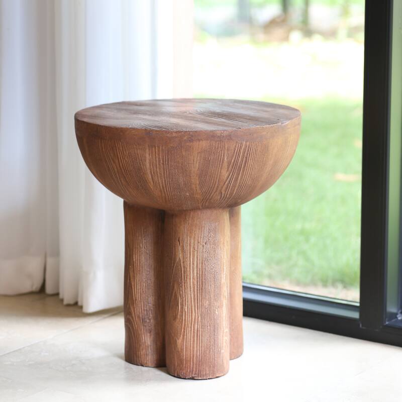 Roomfitters Iris Outdoor Round Side Table with 3 Legs and Wood Grain Texture, Weather Resistant MGO, Brown