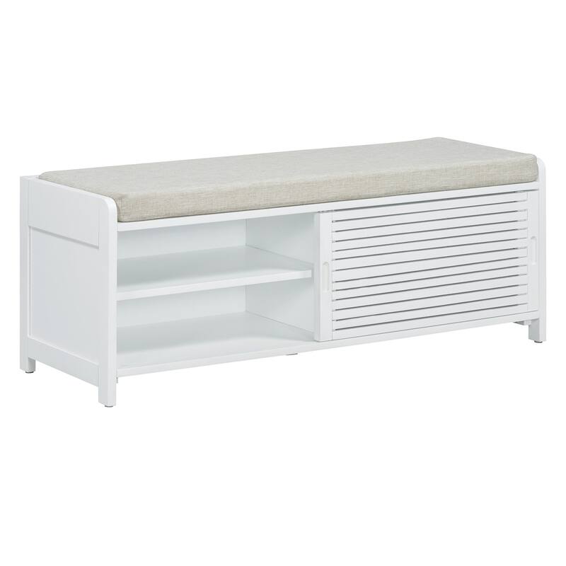 Shoe Storage Bench with Padded Seat Cushion and 2 Sliding Distressed Shutter Doors, Entryway Shoes Bench Storage Ottoman