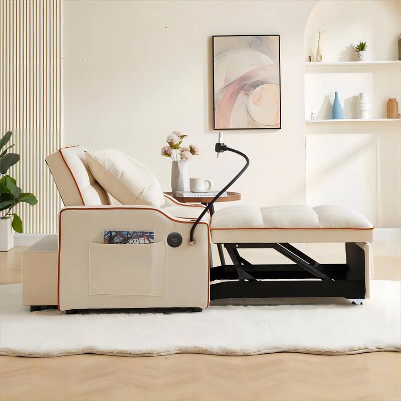 3-in-1 Convertible Single Sofa Chair Bed, Pull Out Sleeper Chair with Adjustable Backrest, Chaise Lounge with Phone Holder & USB