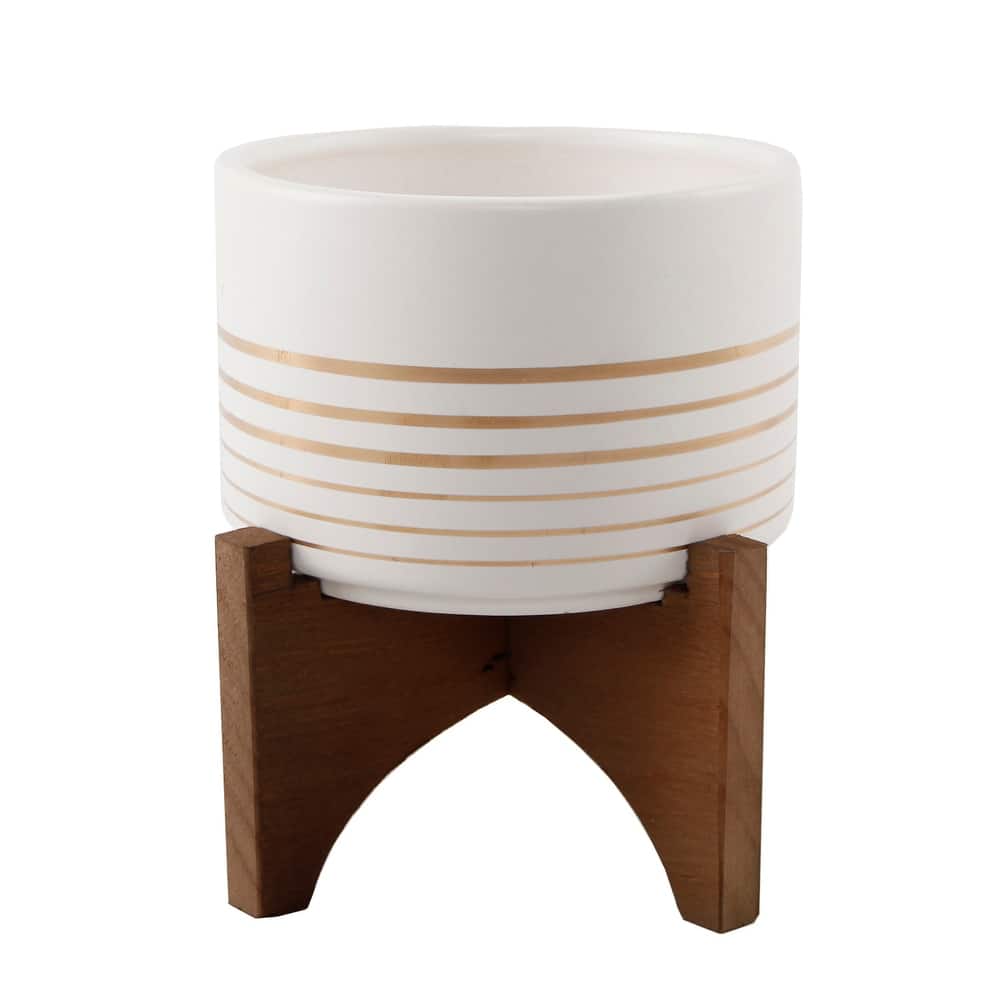 4.75" Gold Line Ceramic Planter on Wood Stand