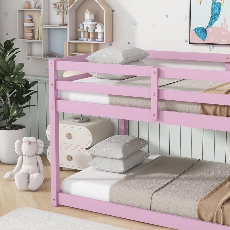 Wooden Twin over Twin Floor Bunk Bed with Ladder, with Bed Platform of Strengthened Slats