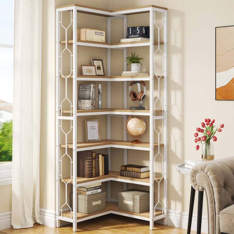 7-Tier Industrial Corner Bookshelf - White