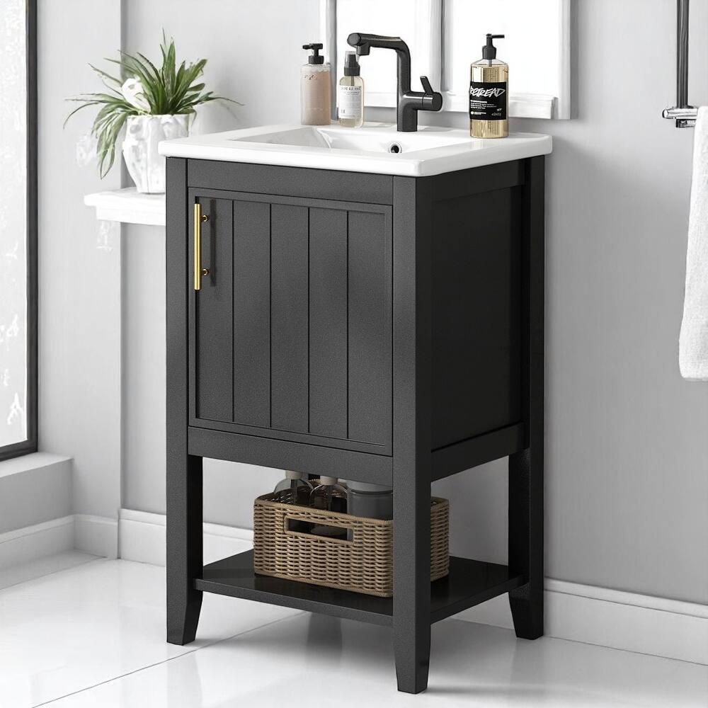 20" Bathroom Vanity Cabinet with Ceramic Sink, Soft Close Door, Storage Rack and Open Shelf