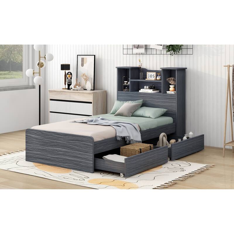 Platform Bed Frame with 4 Open Storage Shelves and 2 Storage Drawers