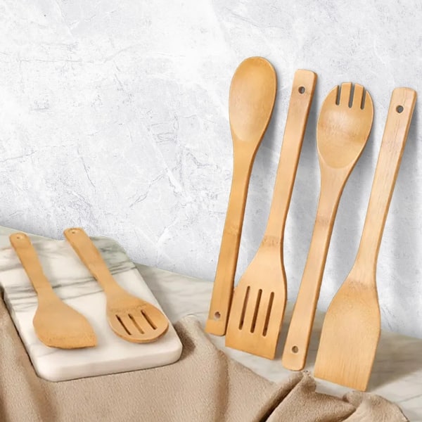Cheer Collection Premium Bamboo Cooking Utensil Set 6 Piece Non Scratch Wooden Spatulas and Spoons for Kitchen - Set of 6