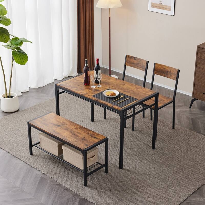 Mid-Century Modern 4 Piece Dining Set,Rectangular Table, Bench, 2 Chairs, Steel Frame