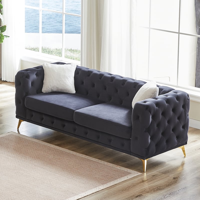 Tufted Design Straight Row Couch Velvet Chesterfield Deep Seat Sofa, Upholstered Couch with Solid Wood Frame and Gold Metal Legs
