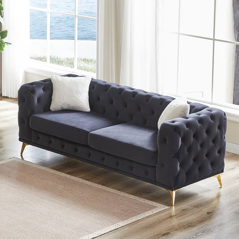 Velvet Upholstered 3 Seater Sofa, Chesterfield Tufted Button Sofa, Lounge Sofa Chair with 2 Pillows & Metal Legs
