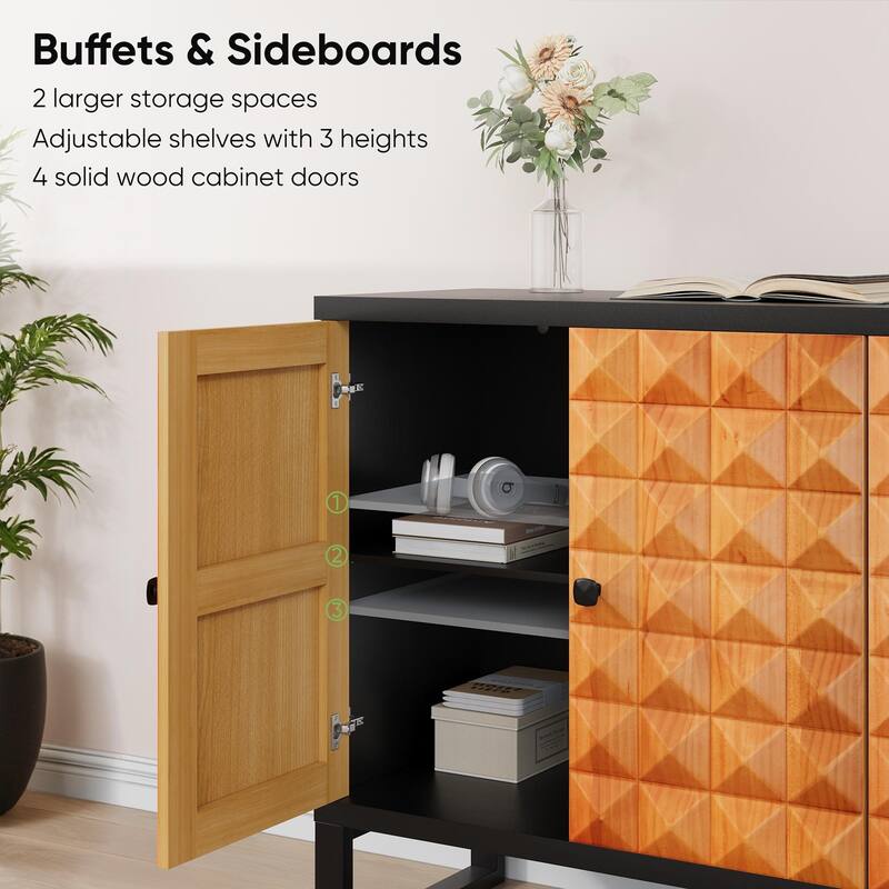 Modern 4 Door Wooden Buffet Cabinet with Metal Legs and Geometric Patterns