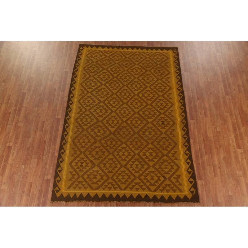 Hand Woven Oriental 100% Wool Carpet Southwestern Geometric Yellow & Gold Kilim Area Rug - 9' 8'' X 6' 6''