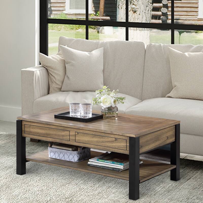 Rustic Black Lift Top Wood Coffee Table Storage Expandable Desk Living