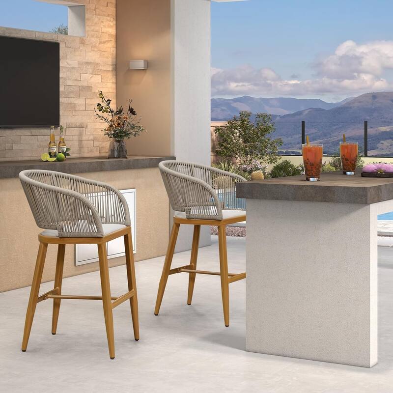 PURPLE LEAF Outdoor Bar Stools Chair Set of 2, All Weather Rattan and Aluminum Patio Bar Stool with Cushion - Brown-Height stool