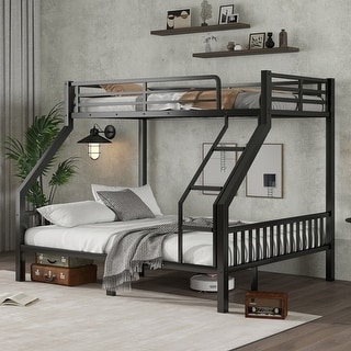 Heavy-Duty Full XL Over Queen Bunk Bed with Ladder & Guardrails, Noise-Free Metal Frame with Slat Support