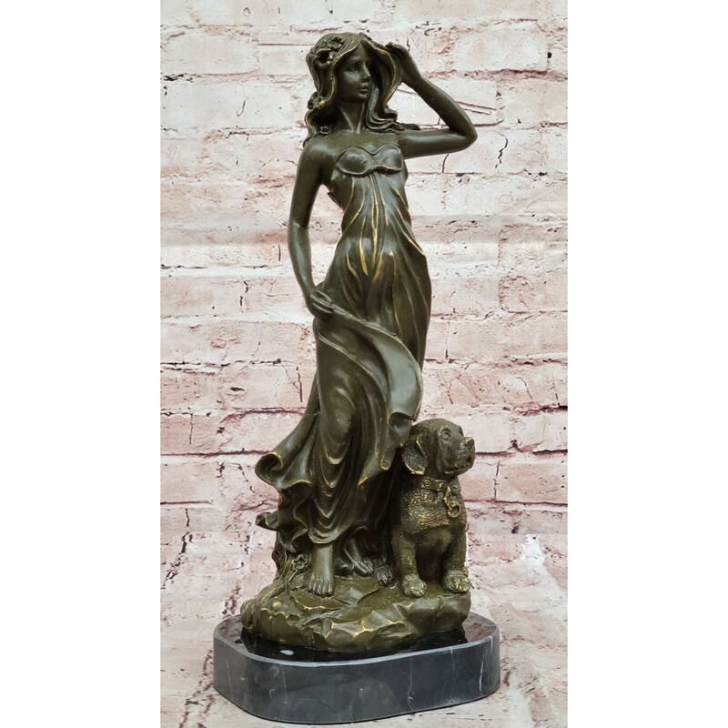 Bronze Lady With Loyal Imitative Dog Sculpture On Marble Base By Aldo Vitaleh