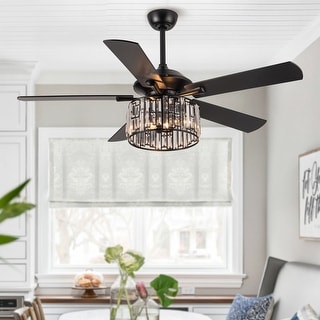 52" Matte Black Modern Crystal Reversible Chandelier Indoor Ceiling Fan with Light and Remote - 52" D x 52" W x 19" H