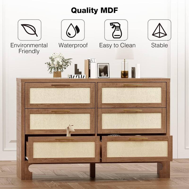 Elegant Rustic Caramel Burlap Dresser - Sturdy MDF & Composite Wood Construction for Bedroom