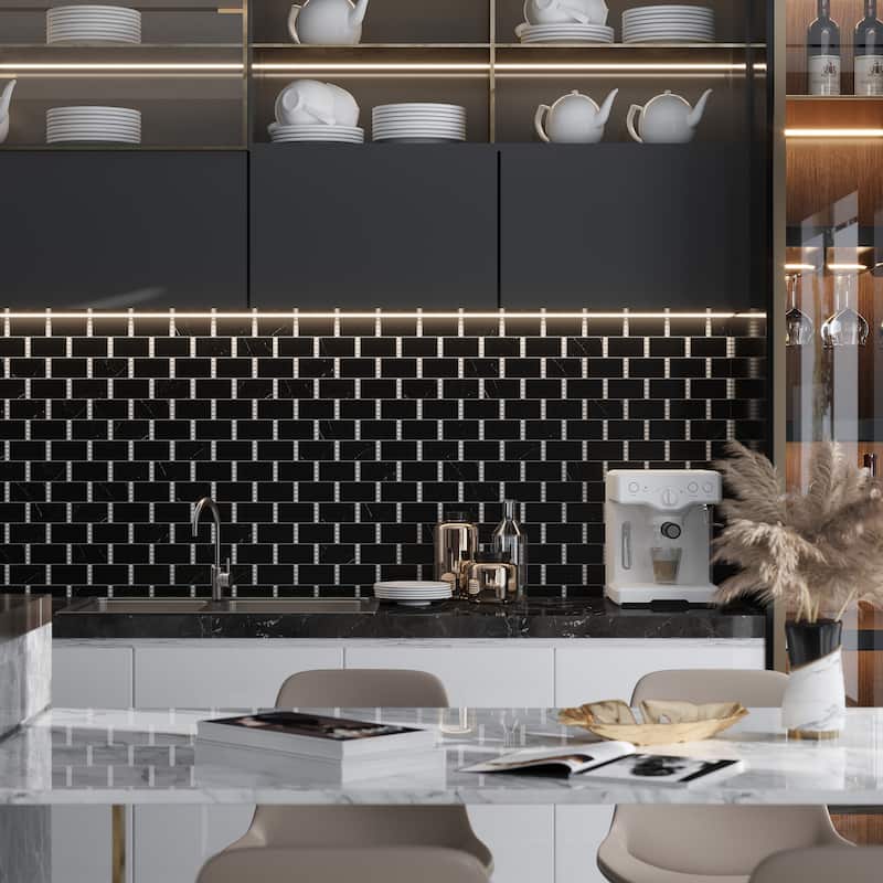 Apollo tile 12 x 13 Noir Luxe Polished Eastern Black, Thassos Marble Tile (5.28 sq ft/case) - 5 Pack