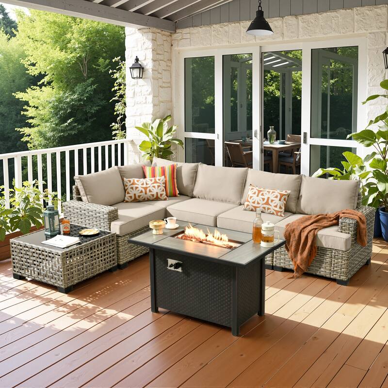 OVIOS 7 Pieces T shaped Seat Wide Armrest Set With Solar-Powered Coffee Table&Fire Pit - Beige