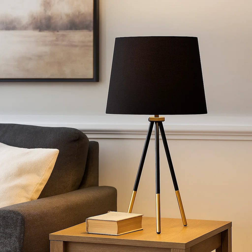 Table Lamp with Tripod Metal Base, Black and Gold