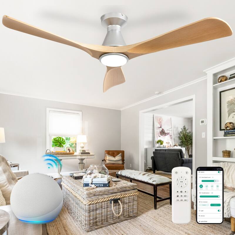 Ceiling Fans with Lights and APP: Flush Mount Low Profile Ceiling Fan for Bedroom - Dimmable Indoor Outdoor Fan - 52in - Wood