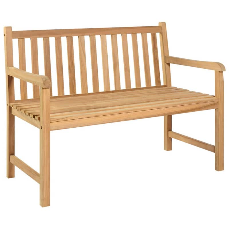 Outdoor Bench, Natural Brown Teak Wood Frame, Slatted Design, 45 Inch