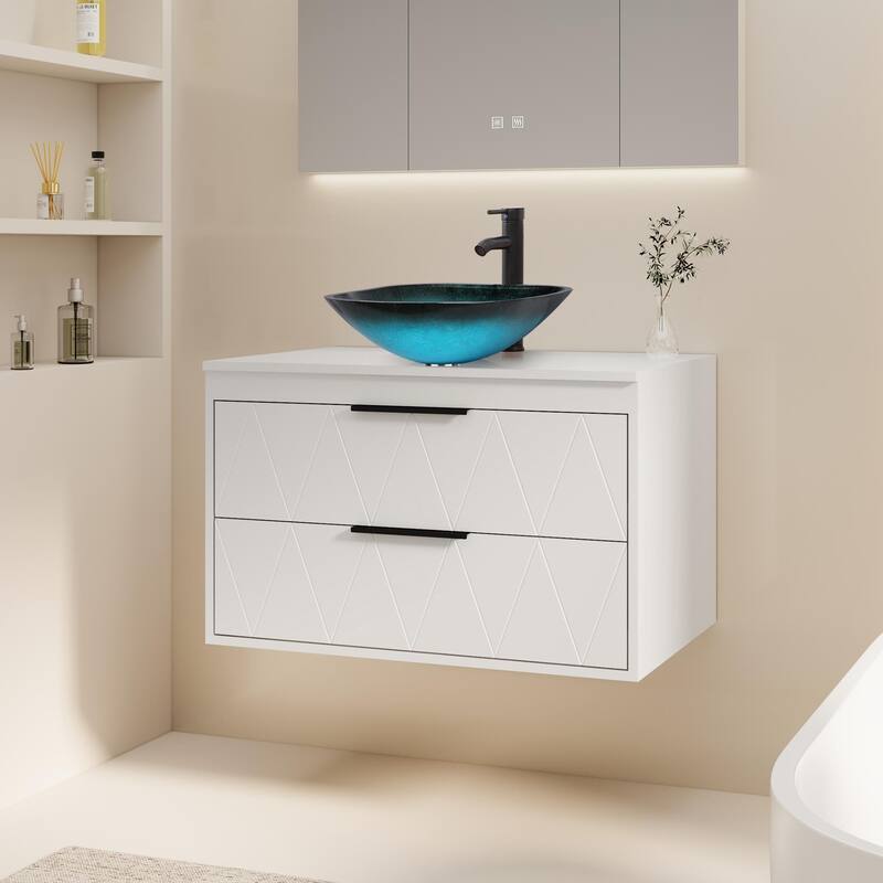 Modern Wall Mounted Bathroom Vanity Set with Vessel Sink & Faucet - white-30 in - 30-1 Glass blue square sink