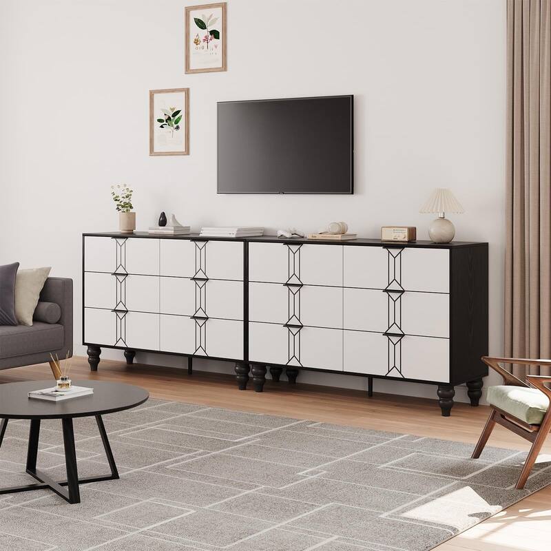Walnut and Gold Wooden 6 Drawer Dresser with Vintage Pattern Design, Modern Chest Dresser