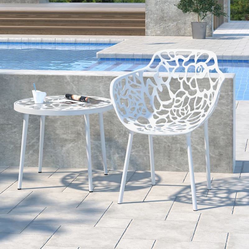 Devon Decorative Modern Floral Cutout Glass Top Patio Coffee Side Table with Aluminum Frame for Indoor Outdoor - 23 x 23