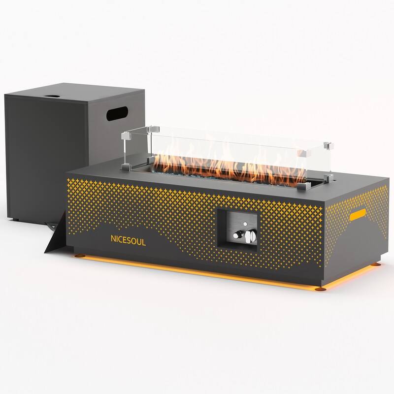 Outdoor Propane Fire Pit Table, 50,000 BTU Rectangular Steel Gas Fireplace with Wind Guard, Hidden Tank for Patio & Backyard