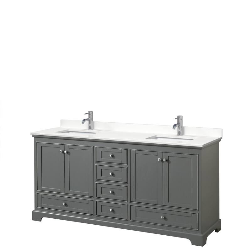 Deborah 72-inch Double Vanity, Quartz Top - Dark Gray, Chrome Trim, White Quartz Top