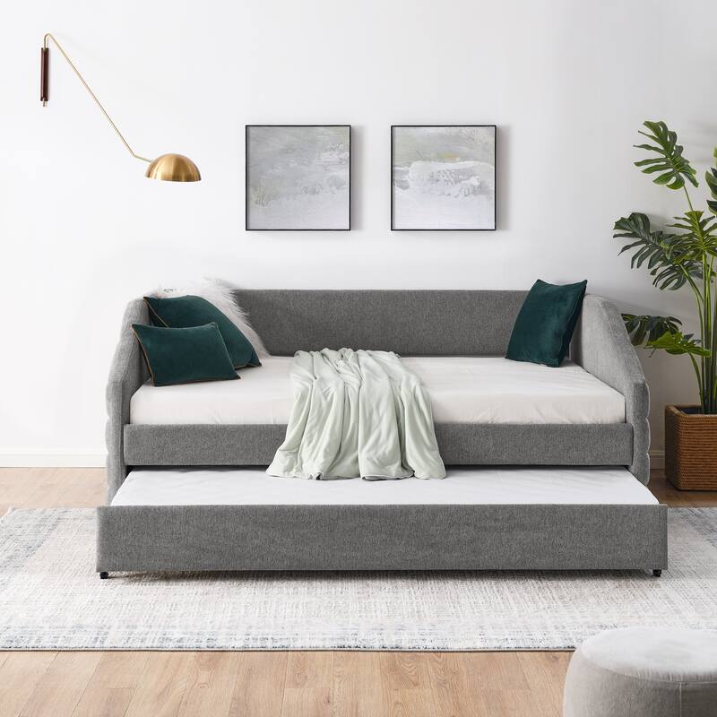 Daybed With Trundle Upholstered Tufted Sofa Bed, Linen Fabric