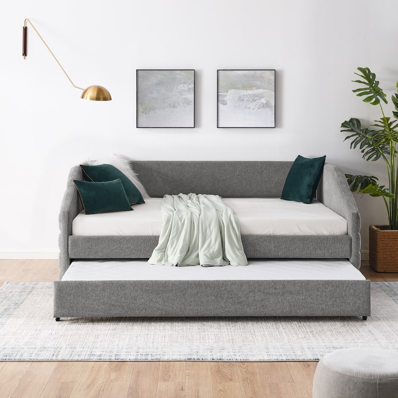 Linen Fabric Upholstered Daybed with Pull-Out Trundle or Storage Drawers, Tufted Sofa Bed Frame with Wood Slat Support