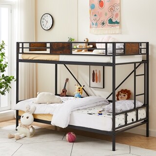 Rustic Brown Twin Metal Bunk Bed with Ladder & Adjustable Bottom