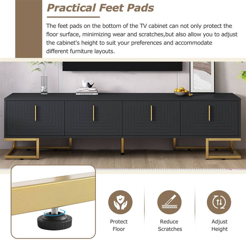 Modern TV Stand with Metal Legs and Gold Handles