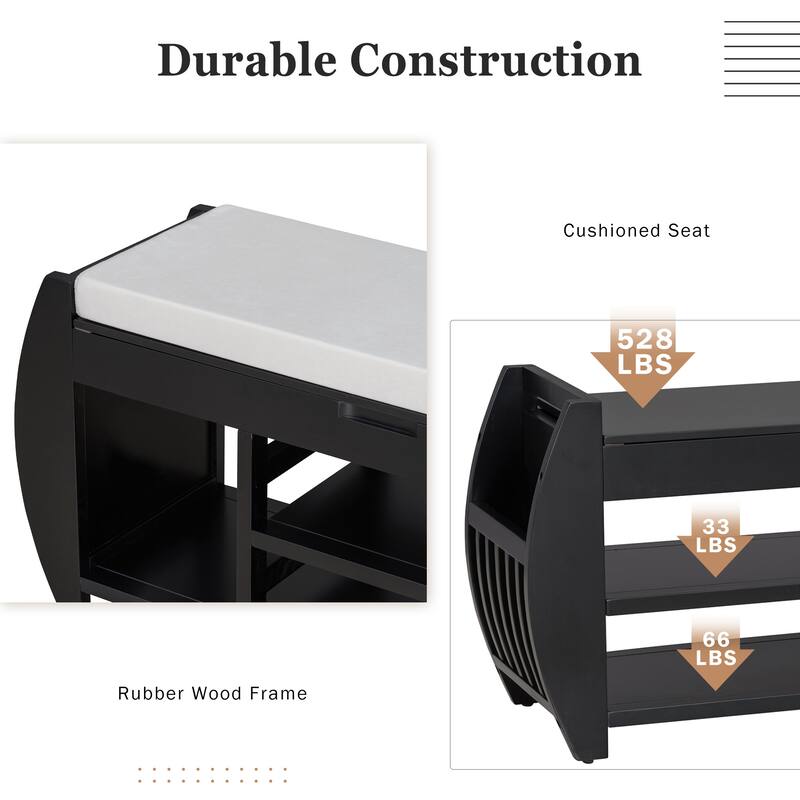 Shoe Bench 2-Tier Storage Bench with Cushion & Curved Side Holder, Wooden Panel Shoe Rack Organizer for Entryway, Living Room