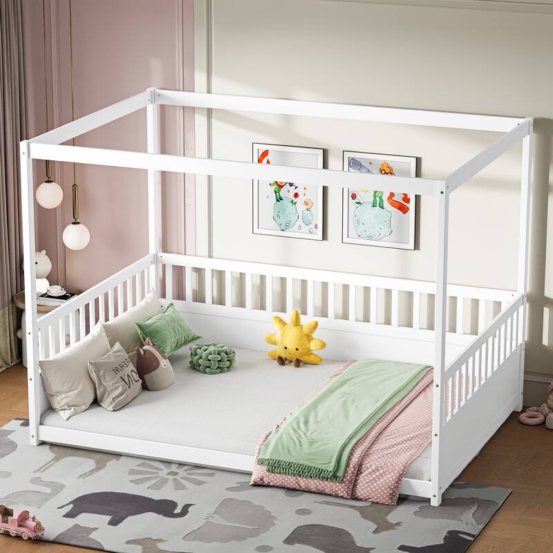 Full Size Canopy Bed Frame with Guardrails for Kids, White Wooden Montessori Floor Bed