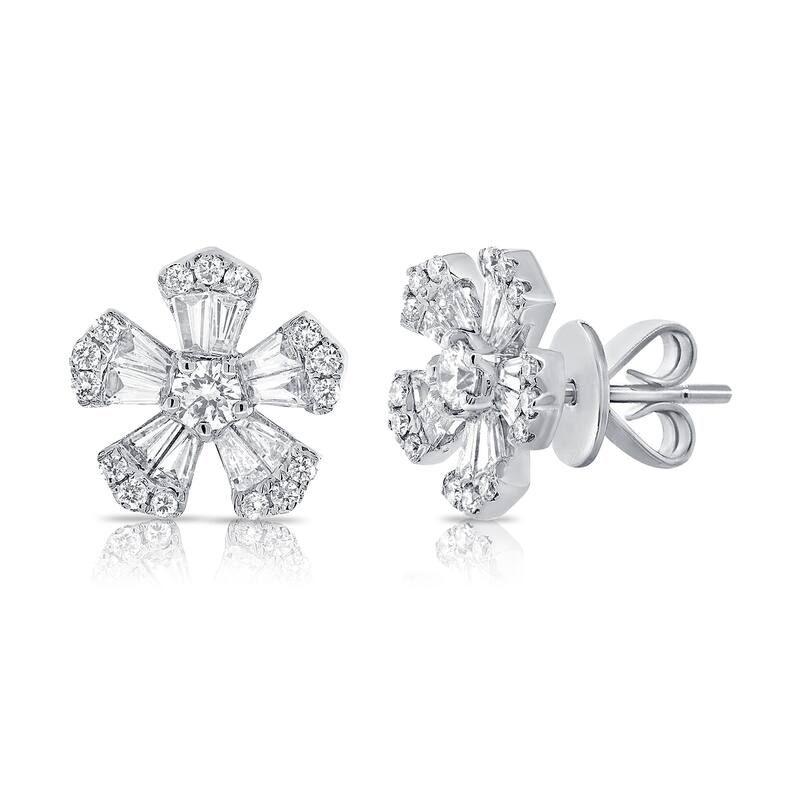 Joelle Collection Baguette Diamond Flower Stud Earrings 9/10 ct. t.w. 14K Gold - White