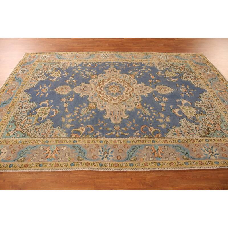 Hand Knotted Oriental 100% Wool Carpet Traditional Floral Navy Blue & Blues Tabriz Area Rug - 9' 10'' X 6' 7''