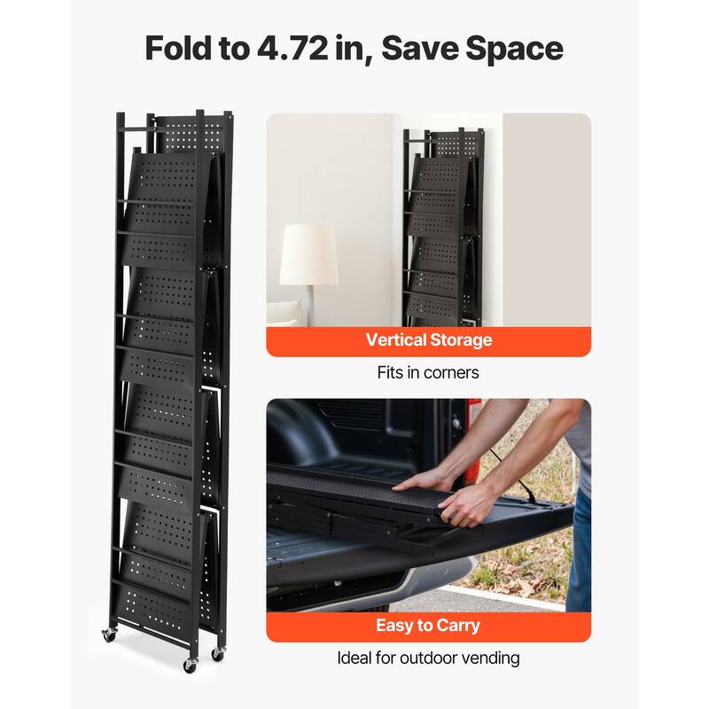 Black Carbon Steel Folding Garage Storage Shelf with Wheels and J-Hooks - 14 x 32 x 72 in