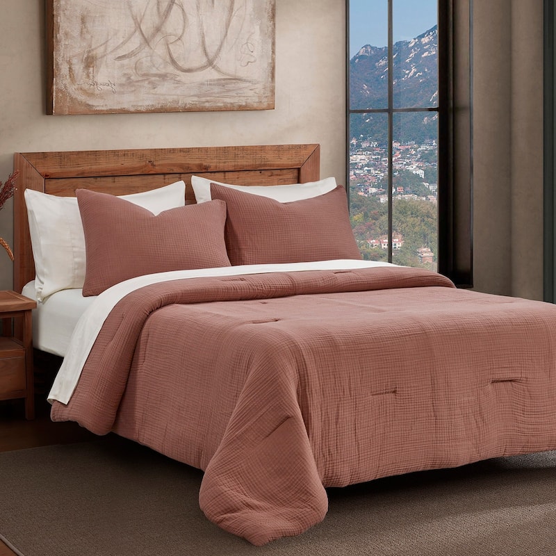 HiEnd Accents 100% Cotton Voile Muslin Gauze Soft and Lightweight Bedding 3 Piece Comforter Set - Clay - King